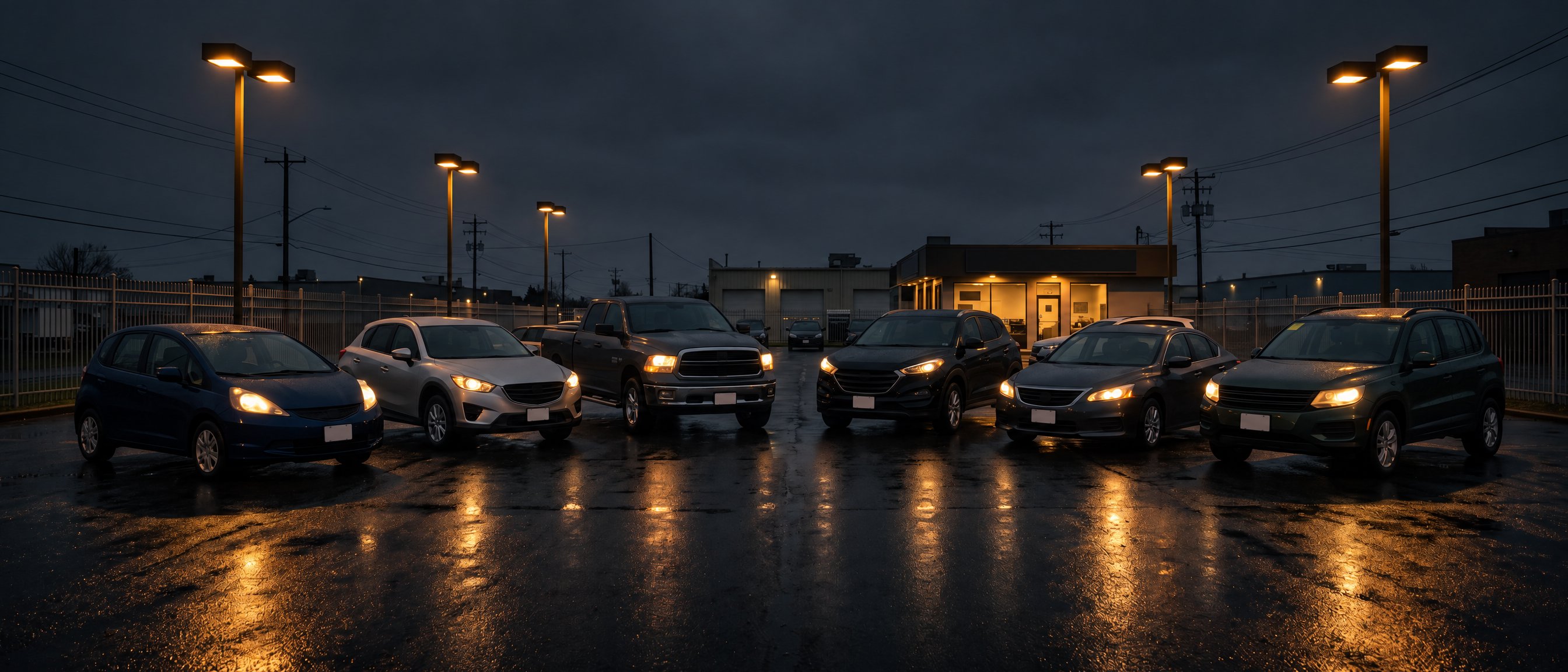 Used cars for sale lined up in a fan on the Sprinter Auto Market lot at dusk